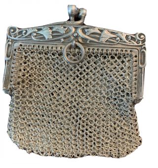 Antique Small Silver Repousse Frame - Chain Mail Mesh Chatelain Coin Purse