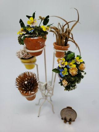 Vtg.  Artisan Dollhouse Miniature Metal Plant Stand W 5 Plants In Ceramic Pots