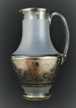 Vintage Clear Glass Satin Pitcher Silver Tone Floral Design
