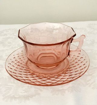 Pink Depression Glass Cup And Saucer Set Vintage Cambridge Decagon Imperial