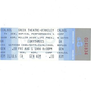 Eurythmics Concert Ticket Stub Berkeley 8/1/86 Greek Annie Lennox Revenge Tour