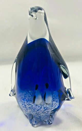 Art Glass Penguin Sculpture Paperweight W 2 Baby Penguin 6” Labeled Murano Style