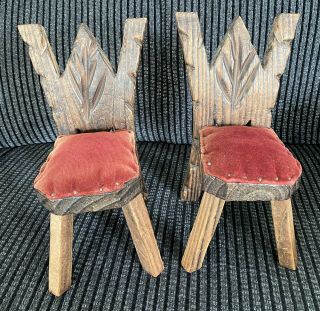 2x Vintage Mini Doll/bear Wooden Rustic ‘black Forest’ Style Chairs - 20cm Height