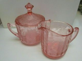 Pink Depression Glass Poinsettia Pattern Cream And Sugar (with Lid)