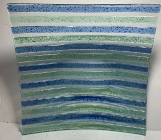 Blue Green Stripe Fused Art Glass Candy Trinket Dish