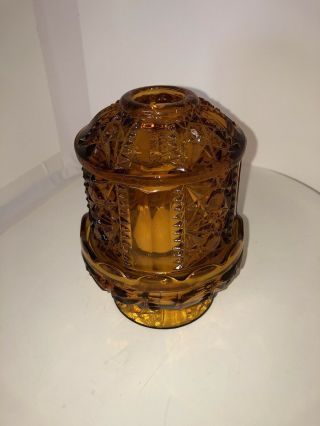 Vintage Indiana Glass Fairy Lamp.  Stars And Bars.  Amber.  Shape.