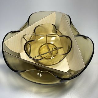 Vintage Retro Mid Century Modern Anchor Hocking Gold Glass Chip and Dip Bowl 2