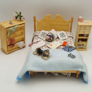 Dollhouse Miniature - 3 Piece Bedroom Set: Decorated Bed,  Dresser & Side Shelf