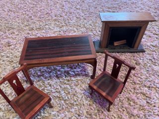 Vintage Dollhouse Miniature Furniture 1:12 Dining Table 2 Chairs Firelplqce Wood