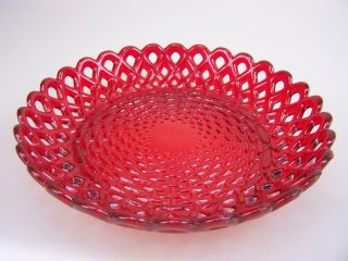 Vintage Red Glass Shallow Bowl With Pierced Decoration