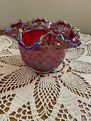 Vintage Fenton Red Carnival Glass Basketweave Bowl