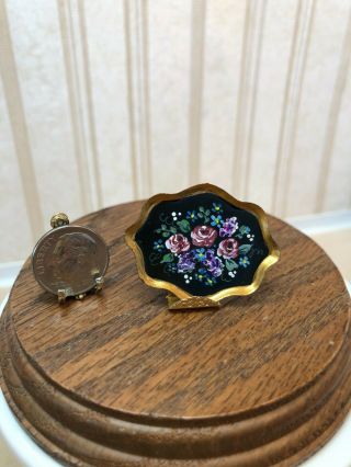 Dollhouse Miniature Artisan Hand Painted Flowers On Black Gold Metal Tray 1:12