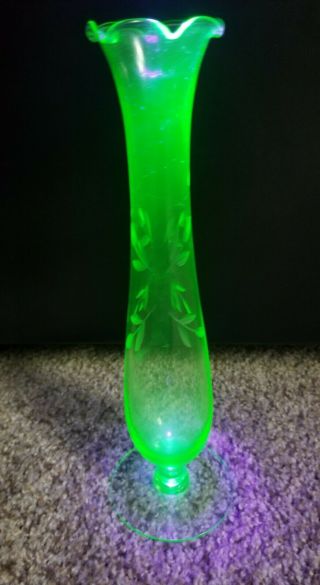 Vintage Uranium Glass Etched Bud Vase