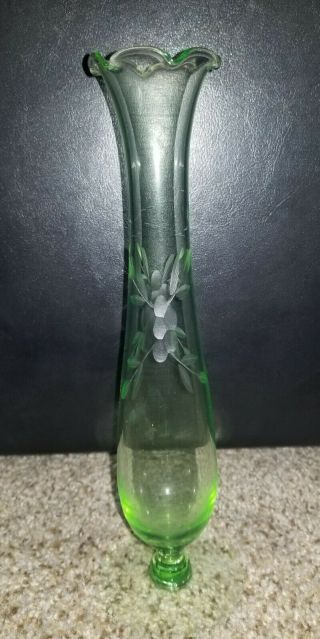 Vintage Uranium Glass Etched Bud Vase 2
