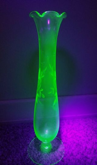 Vintage Uranium Glass Etched Bud Vase 3