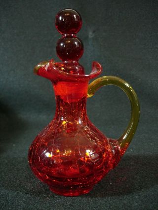 Ruby Red Crackle Glass Cruet With Stopper Rainbow