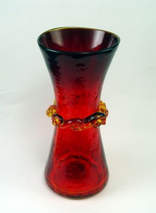 Red Crackle Glass Mid Century Modern Vase With Amber Rigaree Collar 5 1/2 Inches