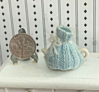Miniature Dollhouse Hand Knit Tea Cozy Artisan Ooak Made In England On Porcelain