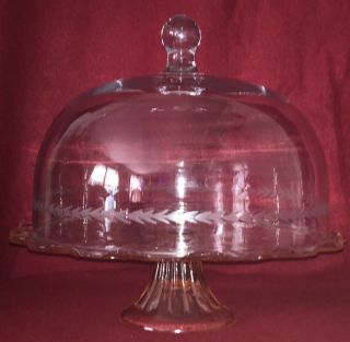 Vintage Pink Depression Glass Cake Stand With Clear Dome With Etched Flowers