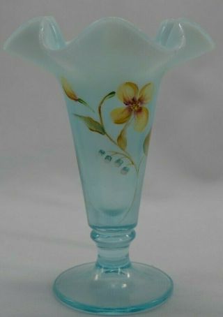 Fenton Glass Vase Aqua Opalescent Hand Painted Signed Floral Crimped
