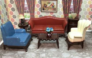 Renwal 7 Pc Living Room Set Vintage Tin Dollhouse Furniture Ideal Plastic 1:16