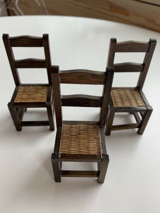 Vintage Dollhouse Miniature Wood Ladder Back Chair Wicker Seat Base Furniture