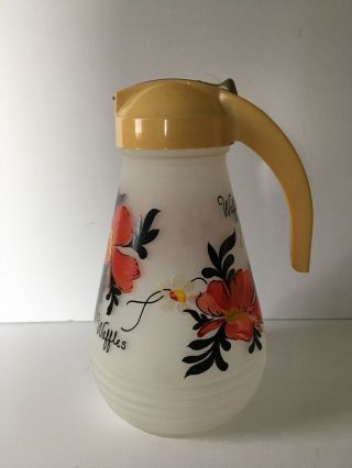 Vintage Hazel Atlas Frosted Glass Hand - Painted Waffle Syrup Pitcher