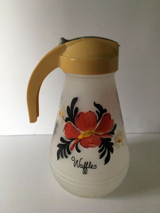 Vintage Hazel Atlas Frosted Glass Hand - Painted Waffle Syrup Pitcher 3