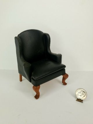 Vintage Black Leather Arm Chair Dollhouse Miniature 1:12 Wingback Queen Anne Leg