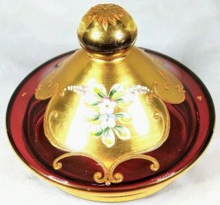 Bohemian Czech Art Glass Ruby Red Gold Gilt Hand Painted Enamel Flower Compote.