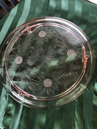 Vintage Pink Jeanette Glass Daisy 10” Round Cake Plate Stand Depression 3 Footed