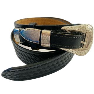 Vtg Black Casual Leather Cowboy Rodeo Show Basket Weave Western Belt/buckle 30