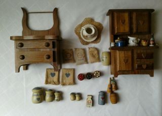 Vintage Primitive Wood Dollhouse Kitchen Furniture & Accessories Hutch,  Dresser