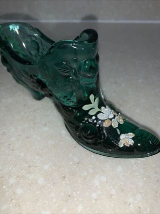 Vintage Fenton Green Teal Hand Painted Artist Signed Glass Shoe