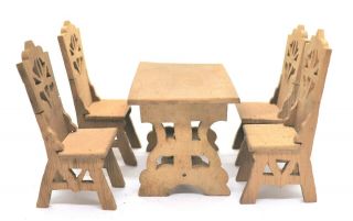 Vintage Homemade? Unfinished Wooden Dollhouse Furniture Table & 4 Chairs Set