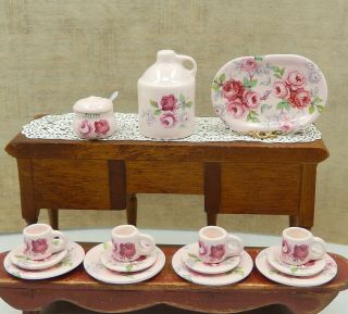 Vintage Porcelain Rose Dish Set Plates Cups Jug Jam Jar Dollhouse Miniature 1:12