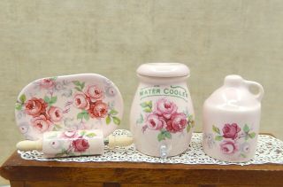 Vintage Porcelain Rose Dish Set W Water Cooler Platter Dollhouse Miniature 1:12