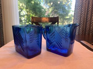 Pair (2) Of Vintage Depression Glass Cobalt Blue Hazel Atlas Chevron Pitcher