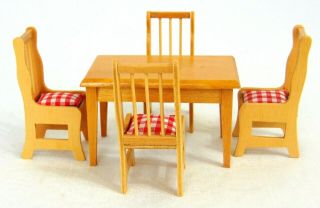 Vintage Dollhouse Furniture Wood Kitchen Dining Room Table 4 Chairs 1:12 Cushion
