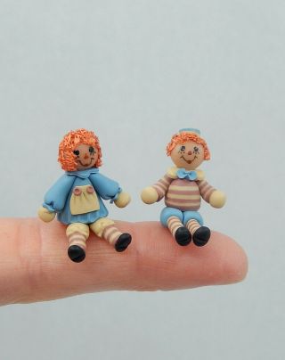 Vintage Tiny Raggedy Ann & Andy Dolls Artisan Dollhouse Miniature 1:12