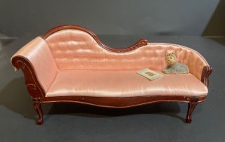 Dollhouse Miniature Victorian Pink Chaise Lounge Sofa With Yorkshire Terrier