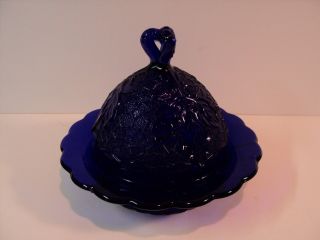 Vintage L.  G.  Wright Cobalt Blue Glass,  Round,  Covered Butter Dish.  Grape Leaf Pa