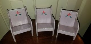 3 Vintage Dollhouse Miniature Wood Painted With Stencil Decoration Arm Chairs