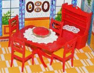 Vtg Renwal Red Dollhouse Dining Room Set Fits Ideal & Marxie 1:16