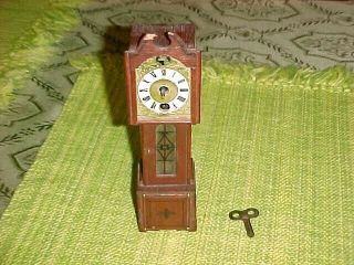 Antique Miniature Wood Wind Up Grandfather Clock With Key Needs Restoration