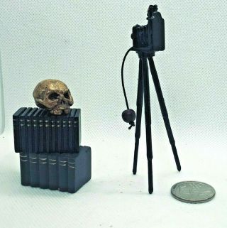 Vintage Dollhouse Edgar Allen Poe Set: Old Camera Stand & Human Skull On Books