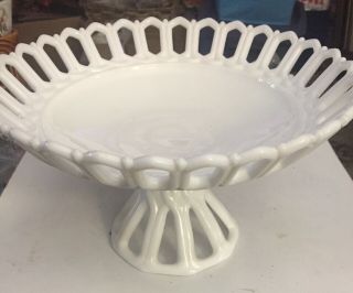 Vintage Milk Glass Reticulated Pedestal Fruit Bowl.  Large 11 1/4”x 6.  5” Opaque