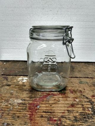 Vintage Anchor Hocking Snowman Canister Cookie Jar Wire Latch Lid Clear Glass