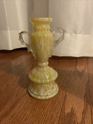 Bohemian Czech Franz Welz Spatter Glass Trophy Vases Lemon Yellow/white