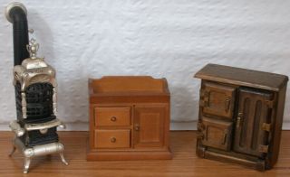 Doll House Vintage Hall Tree Wood Ice Box Dry Sink Coat Rack Stove & 3 Tables